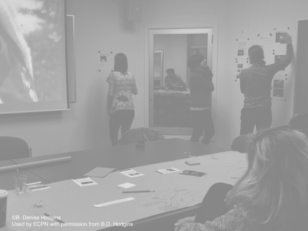 People working collaboratively, attaching papers to a wall in a meeting room. A projector displays an image on the wall, and a table with papers and a drink is in the foreground.