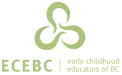 Logo of Early Childhood Educators of BC with a green emblem above the text ECEBC early childhood educators of BC on a dark background.