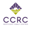 Logo of CCRC Westcoast Family Centres with a purple and green diamond shape above the text.